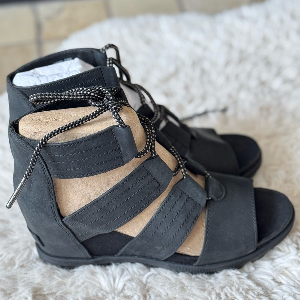 Sorel Joanie II Laceup Wedge Black Strappy Women's Sandals